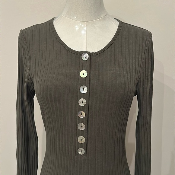 Women’s Olive‎ Green Ribbed Long Sleeve Button Front Bodycon Casual Midi Dress L - Picture 3 of 5
